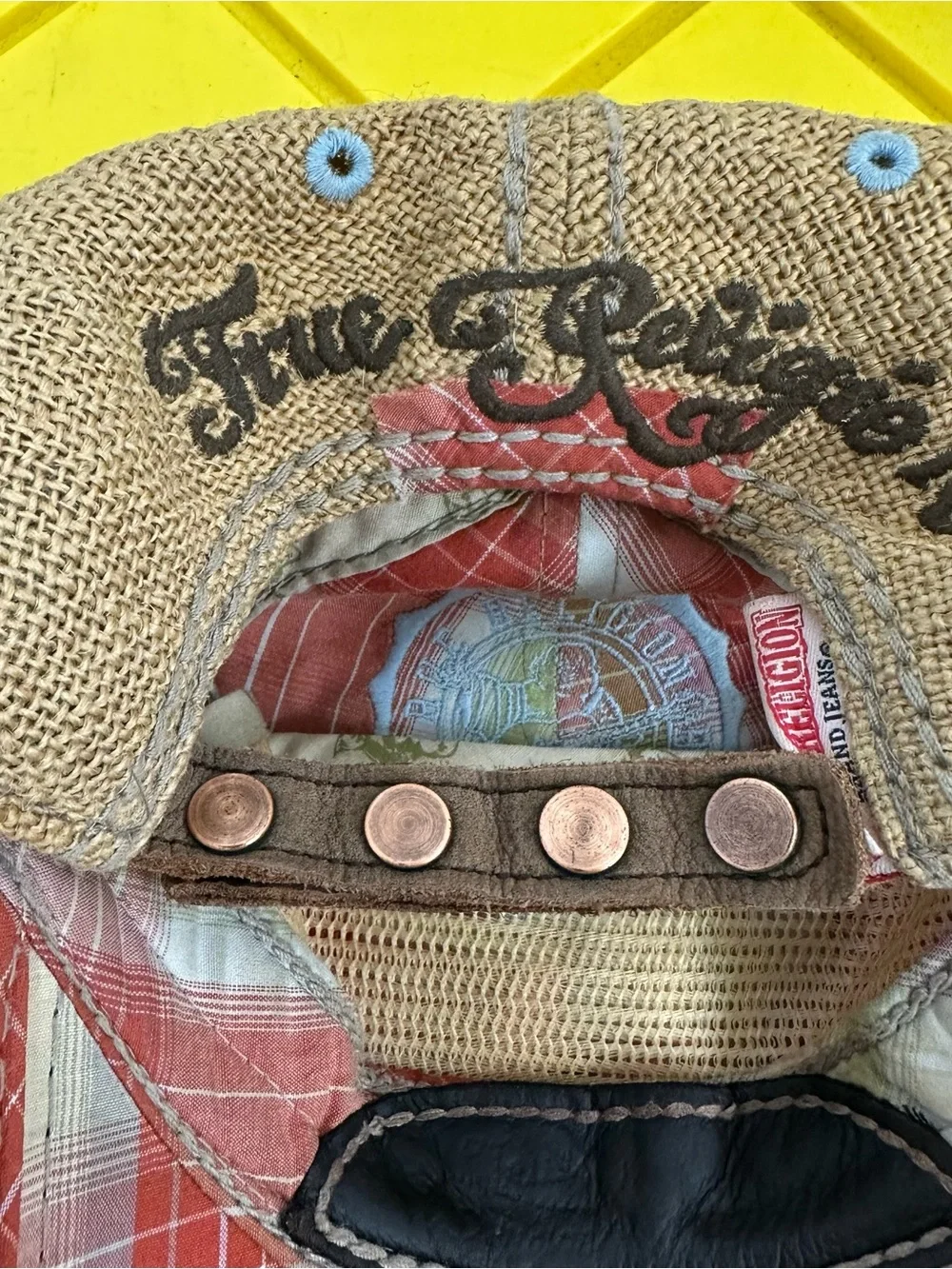 Vintage True Religion Hat Mens Leather Strapback Brown Red Plaid Distressed Y2K